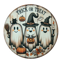 Rond houten deurbordje met Halloweenpompoenmotief, 11,8 x 11,8 inch.