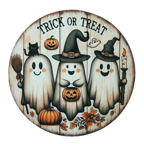 Rund dörrskylt i trä för Halloweenpumpa, 33x33 cm