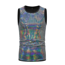 (Plain Silver, S) Men's Summer Shiny Simple Sleeveless Round Neck Vest T-Shirt ZT-YB05