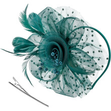 Tiara fascinator com fitas de tule floral e penas.