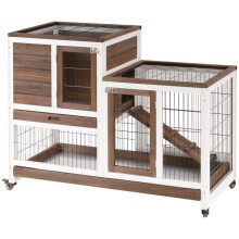 Clapier à lapins sur roulettes, cage à lapins à deux étages, 2 portes verrouillables, 2 plateaux coulissants, rampe