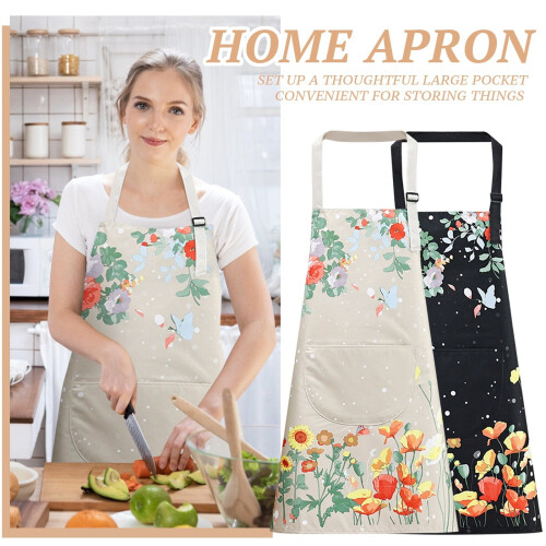 Schwarze Küchenschürze mit Blumenmuster für Damen mit Tasche