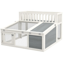 Jaula/conejera de madera con estante para plantas, amplio espacio de madera y múltiples puertas.