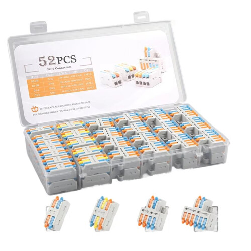Universal Wire Conductor Connector Boxed Electrical Cable Splitter Quick Compact Type Terminal Block with Lever 52PCS