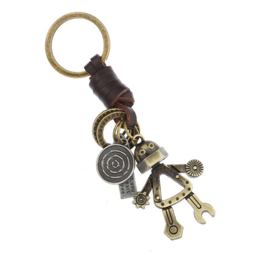 Portachiavi vintage a forma di robot in lega marrone, versatile e multi-stile.
