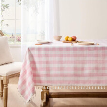 Lyserød gingham-dug i hør/bomuld, 135 x 213 cm