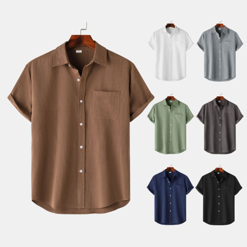 (Black, L) Men's Linen Summer Short Sleeve Button Shirt Solid Lapel Casual Top 1