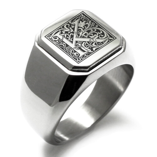 Rustfrit stål K monogram ring blomsterdesign firkantet