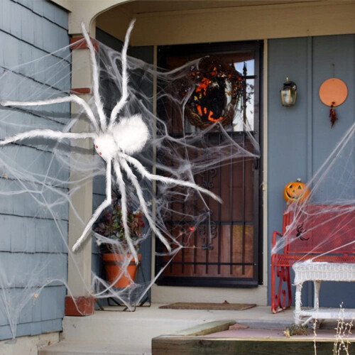 White plush spider decoration for Halloween escape room 2