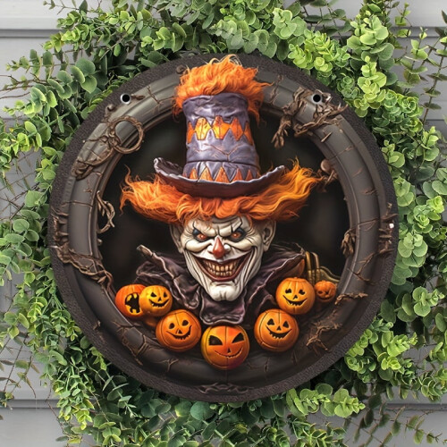 Ξύλινη πινακίδα για το Halloween, τρομακτικό κλόουν, jack o φανάρι 1
