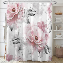 Pink watercolor rose shower curtain set with grey leaves,