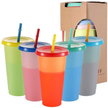 Herbruikbare, van kleur veranderende drinkbeker van 700 ml met deksel en rietje (5