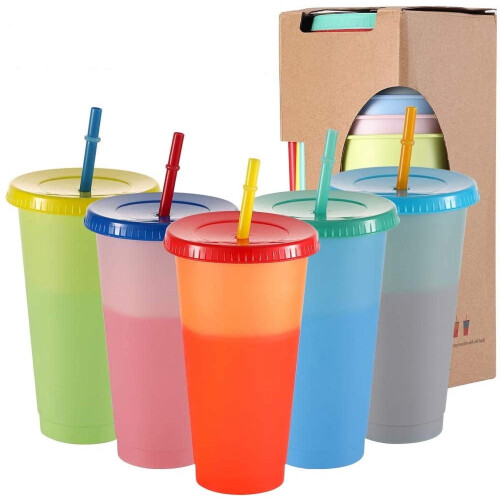 Wiederverwendbarer, farbwechselnder Becher, 710 ml, mit Deckel und Strohhalm (5
