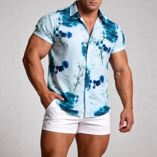 (C242, L) Hawaiianisches Herren-Kurzarmhemd mit Blumenmuster, Größe 2