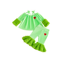 (3-4 Years, Fluorescent Green) Toddler Baby Girls Christmas Outfit Fashion Heart Applique Long Sleeve Cold Shoulder Tops with Bell Bottom 2Pcs Set