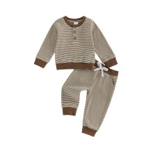 (2-3 Years, Khaki) Toddler Baby Boys Fall Outfit Fashion Casual Long Sleeve Striped Pullover with Pants 2Pcs Set