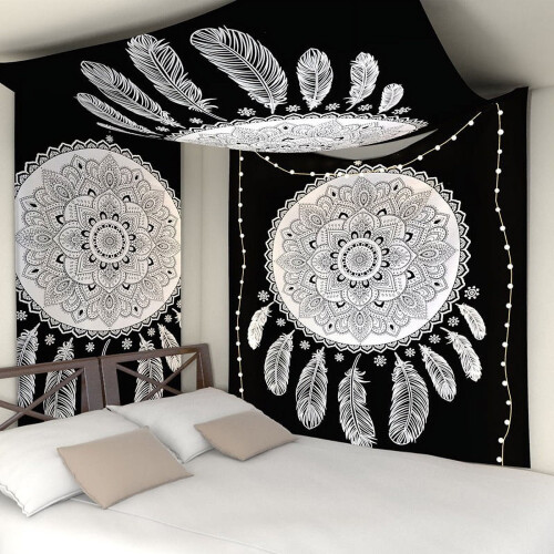 Mandala tapestry black white bohemian wall hanging 2