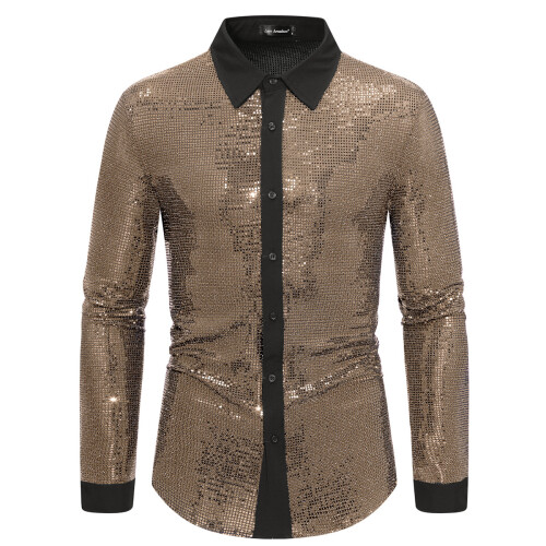 (Gold, S) Spring Sleek Herren Langarm-Farbblockhemd YC11 1