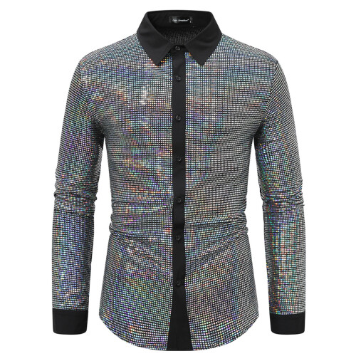 (Silver, L) Spring Sleek Herren Langarm-Farbblockhemd YC11 2