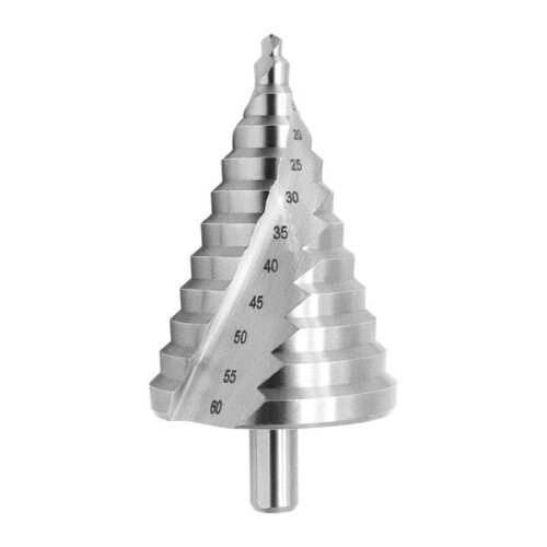 HSS step drill, 6-60 mm, spiral, conical flute, countersinking