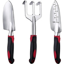 Dreiteiliges Gartengeräte-Set aus Aluminium mit gummierten Griffen