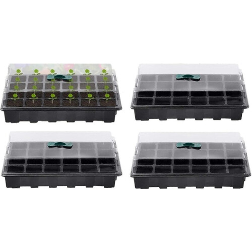 Conjunto de 4 caixas de plástico para mudas de plantas com 24 células cada.