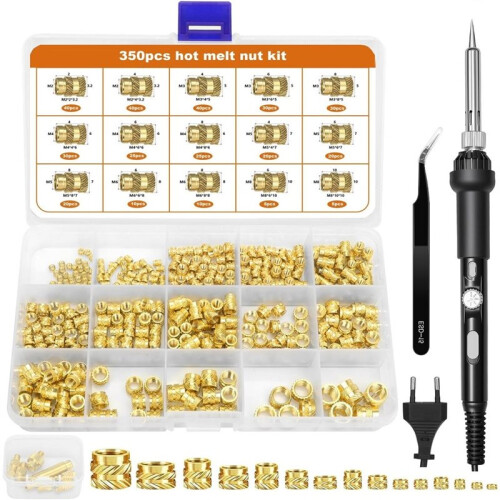 Heat-Set Insert Tip Set,Soldering Iron with 350Pcs Thread Inserts,6Pcs Heat-Set Insert Tips (M2-M8) EU Plug