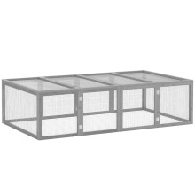 Conejera de interior/exterior con 2 puertas superiores, 181 cm de largo x 100 cm de ancho x 48 cm de alto, madera maciza, gris.