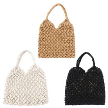 Stroh-Schultertasche für Damen, weiß + schwarz + camel