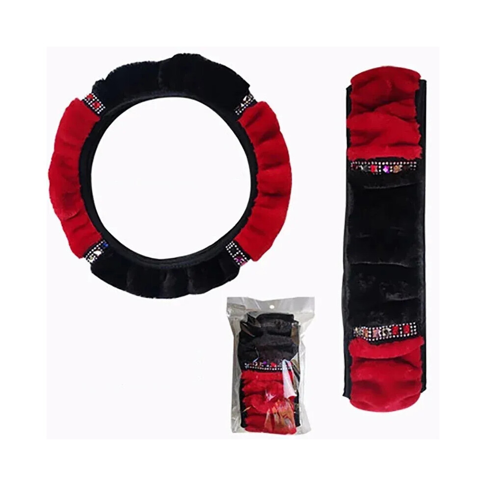 () Car Steering Wheel Cover Gearshift Handbrake Cover Protector Decoration Warm Super Thick Plush Collar Soft Women Man Black/Pink 4017648578187