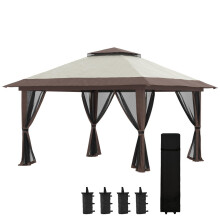 Faltpavillon 4x4m Gartenpavillon höhenverstellbar mit UV-Schutz & Netzvorhängen, Doppeldach in Beige für Gartenpartys