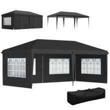 Pavillon ca. 3x6m Wasserdicht Pop-up Faltpavillon mit 4 Seitenwänden, Fenster UV-Schutz Tragetasche Schwarz
