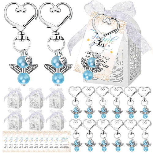 Conjunto de 45 Chaveiros de Anjo com Miçangas Azuis e Etiqueta com Letras - Lembrancinhas para Casamentos e Festas