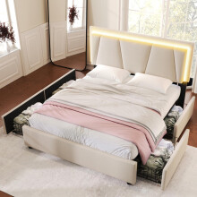 Polsterbett mit LED-Beleuchtung und 4 Schubladen,Höhenverstellbarem Kopfteil,Doppelbett 140x200cm Stauraumbetten Bettgestell, Lattenros