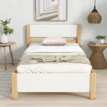 Einzelbett, Holzbett, Kiefernholzrahmen mit Mittelfuß, Jugendbett, Erwachsenenbett, mit Kopf- und Fußteil aus MDF, Weiß + Natur, 90x200