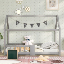 Kinderbett Hausbett 90 x 200 cmHolzbett für Kinderzimmer inkl.Tafel Lattenrosten Rausfallschutz, aus Kiefernholz Grau (ohne Matratze)