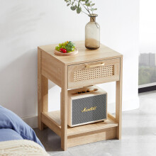 Rattan-Beistelltisch mit Schublade, moderner Nachttisch, Beistelltisch für Wohnzimmer, Schlafzimmer, Naturholzoptik-H55/B40/T40 cm