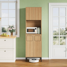Trash Cabinet, Küchenschrank mit Müllablage, 181cm Hoher Hochschrank in Eiche-Optik & Schwarz, Mikrowellenfach, Stauraum für Staubsauge