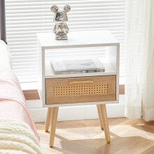 Rattan-Beistelltisch mit Schublade und Massivholzbeinen, moderner Nachttisch, Beistelltisch für Wohnzimmer, Schlafzimmer, weiß-H55/B40/