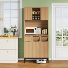 Trash Cabinet, Dreitüriger Küchenschrank mit Mülltrennung, 181cm Hoher Hochschrank in Eiche-Optik, 3 Fächer für Müllsortierung, Mikrowe
