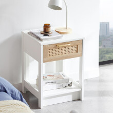 Rattan-Beistelltisch mit Schublade, moderner Nachttisch, Beistelltisch für Wohnzimmer, Schlafzimmer, weiß-H55/B40/T40 cm