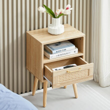 Rattan-Beistelltisch mit Schublade und Massivholzbeinen, moderner Nachttisch, Beistelltisch für Wohnzimmer, Schlafzimmer, Naturholzopti