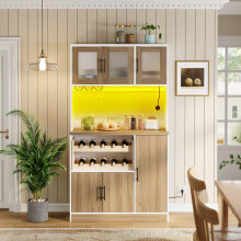 Kitchen Pantry Cabinet, Küchenschrank mit LED-Beleuchtung und Steckdose, Hoher Vorratsschrank mit Weinglashalter, Weinregal & viel Stau