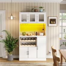 Kitchen Pantry Cabinet, Weißer Küchenschrank mit RGB-LED und Steckdose, Hoher Vorratsschrank mit Weinglashalter & Weinregal, Moderner K