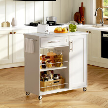 Weißer Küchenwagen mit Marmor-Optik Oberplatte, Rollbarer Küchentrolley mit Schublade, Schrank & offenen Regalen, Mobiler Kücheninsel m