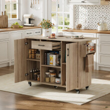 Kitchen Island, Küchenwagen mit klappbarer Arbeitsplatte, 120cm mobile Kücheninsel auf Rädern, Rollbarer Servierwagen mit Schublade & S