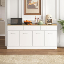 Küchenschrank Sideboard mit 3 Schubladen & verstellbaren Einlegeböden, 160cm Kücheninsel mit Holzoptik-Arbeitsplatte, Weiß, 76,5x160x37