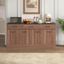 Küchenschrank Sideboard mit 3 Schubladen & verstellbaren Einlegeböden, 160cm Kücheninsel mit Betonoptik-Arbeitsplatte, Walnuss-Optik, 7