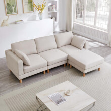Nordisches 3-Sitzer Ecksofa mit Hocker 23515278 CM – L-förmiges Sofa in Beige aus Polyester & Massivholzbeinen fürs moderne Wohnzi