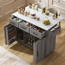 139x46(71)x91.5 cm großer Servierwagen/Beistellschrank, graues Massivholz-Furnier für den Korpus + weiße Marmor-Furnierdekoration für d